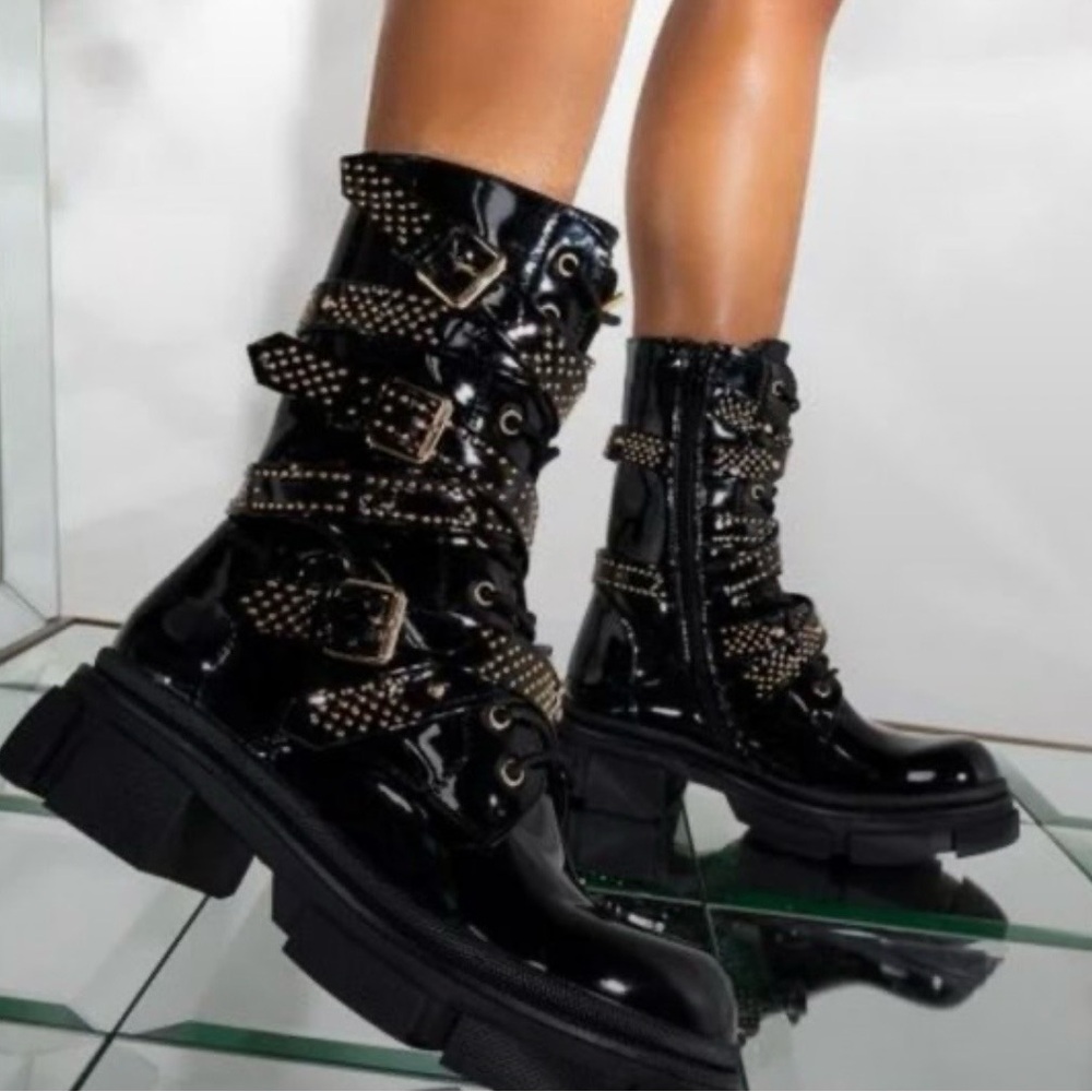 Glossy Black Studded Moto Boots